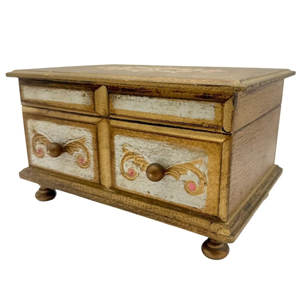 Vintage Italian Florentia Style Music Jewelry Box Wood Chest Red Velvet Plays
